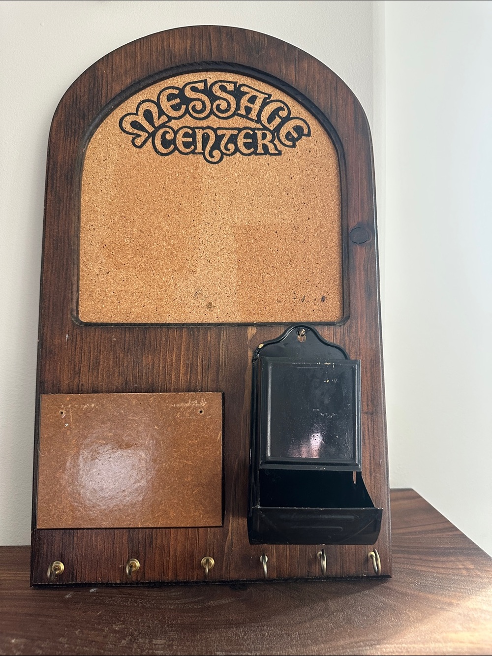 Vintage Message Center Cork Board with Key Hooks